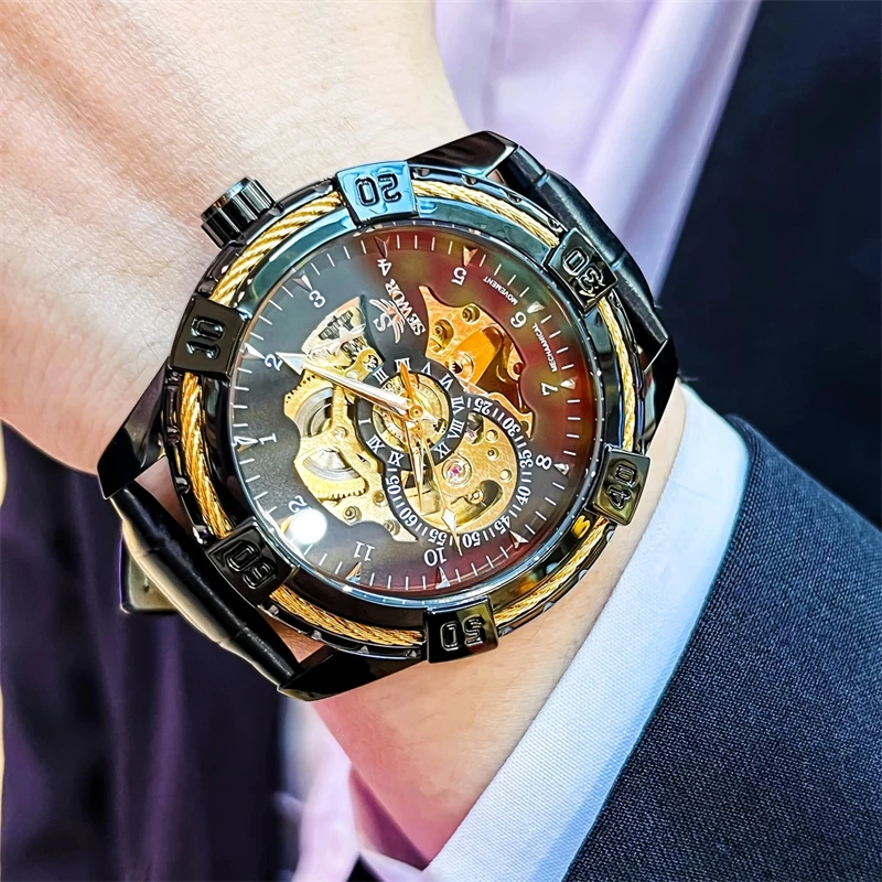 ساعة ميكانيكية أوتوماتيكية للرجال على الطراز الأوروبي والأمريكي والياباني والكوري هيكل عظمي توربيون، مع ميزات مضيئة، تصميم هيكل عظمي، ساعة رجال اجتماعية عصرية فاخرة للأعمال، أفضل هدية له