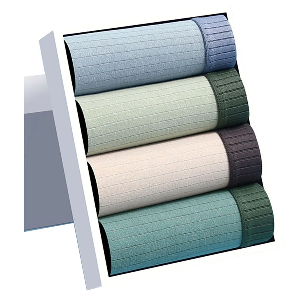 4 Pcs Men Cotton Soft Sexy Lingerie Striped SolidBoxers Stretch Underwear Home Breathable Men's Panties Underpant Men's Clothing