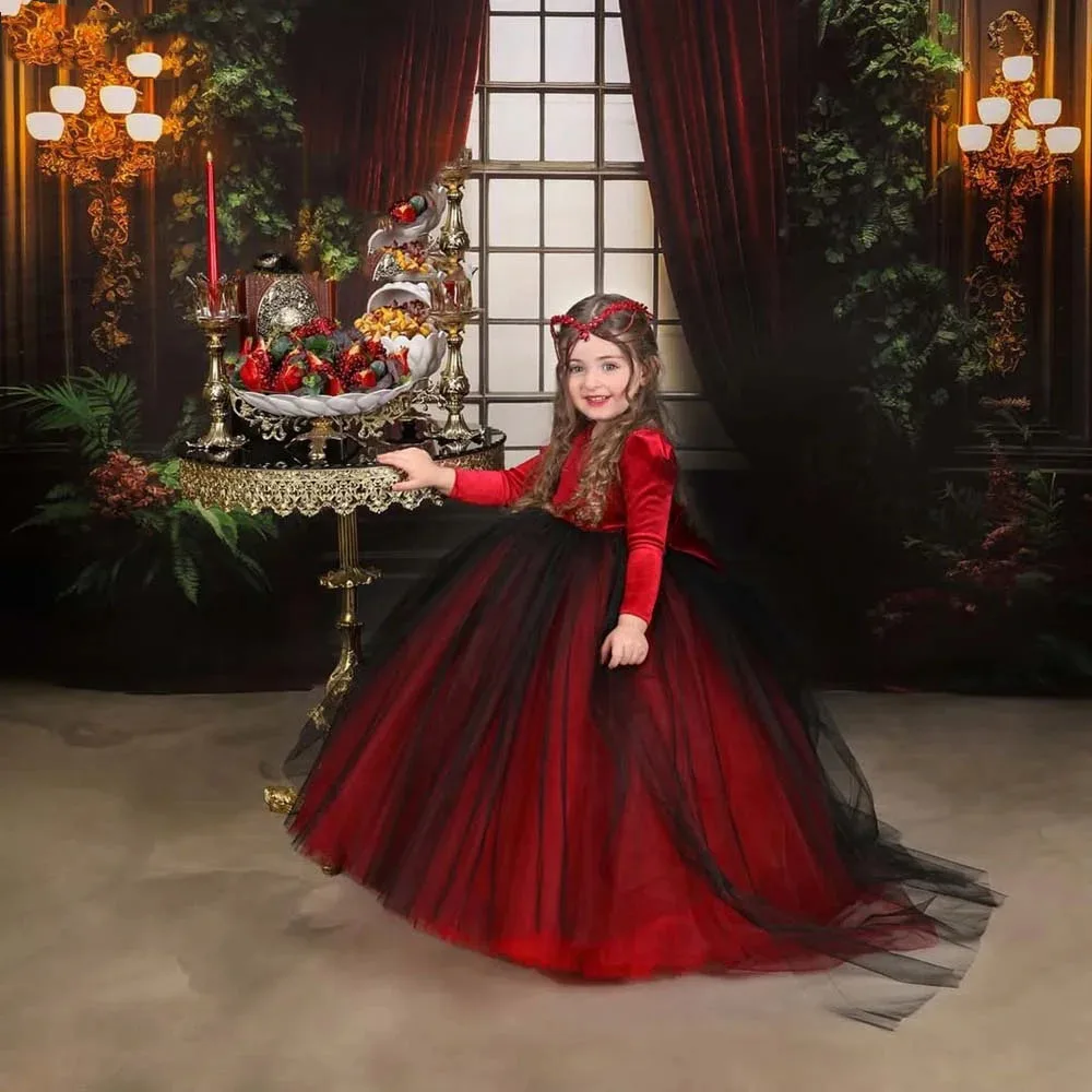 Красные платья с цветочным узором для девочек по индивидуальному заказу на свадьбу, бархатное классическое детское платье с длинными рукавами длиной до пола, банкетное платье для первого причастия