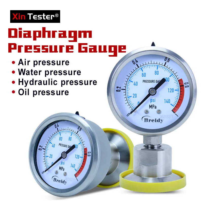 Xin Tester 0-2.5Mpa Air Glycerol Free Pressure Gauge Dia 60mm Stainless Steel Diaphragm Oil water Hydraulic Gauge YTP60