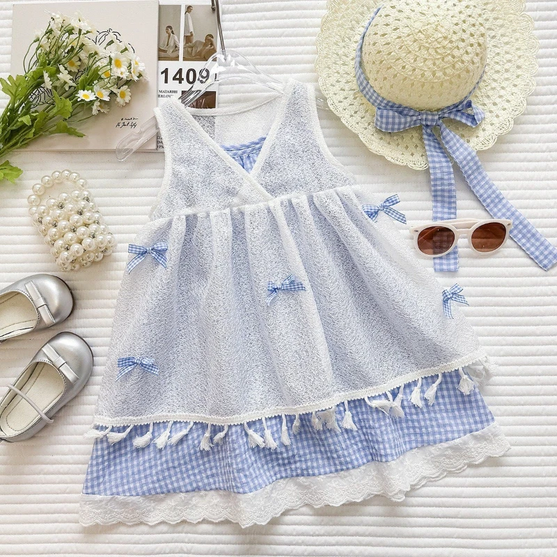 

2026 Summer New Children's Color blocked Cute Patchwork Mesh Sleeveless Dress