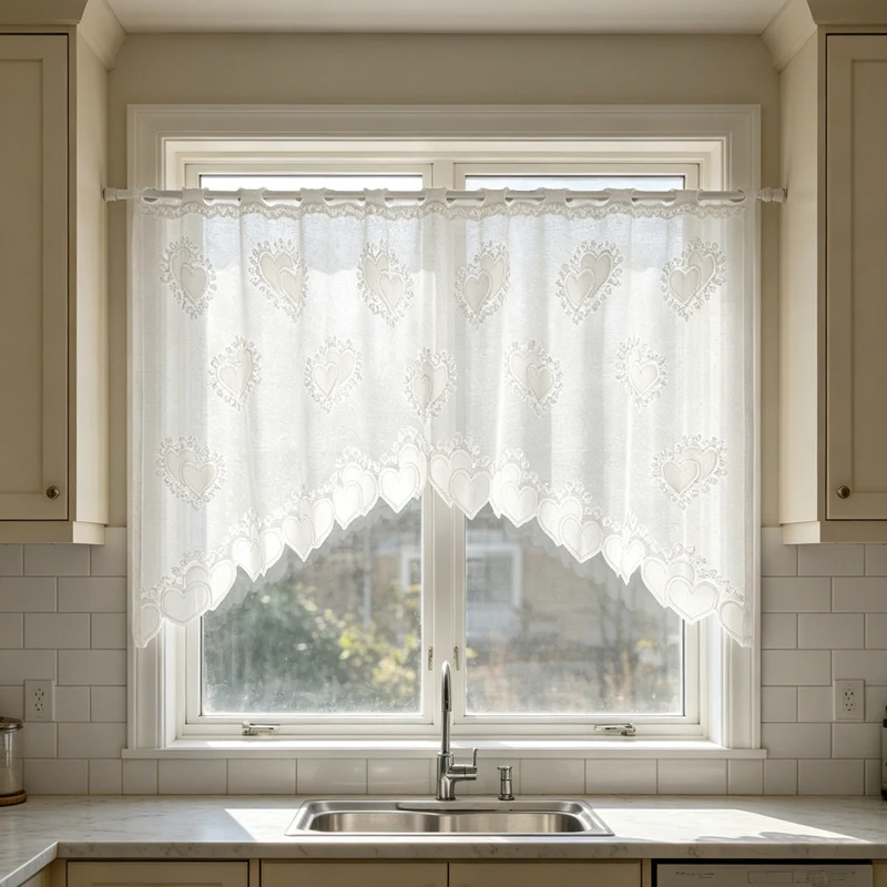 1pc French-Style Romantic Heart Patterned Jacquard Lace Coffee Curtain Perforated Wave-Shaped Bottom Hem Small Window Curtain