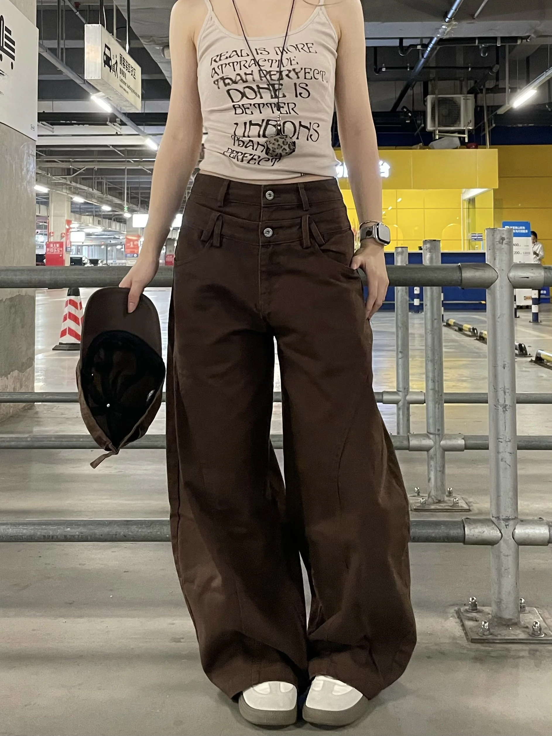 

American Retro Design Casual Pants Double Waist Wide Leg Knife Women's Men's Long Trousers Workwear Cotton Straight Leg