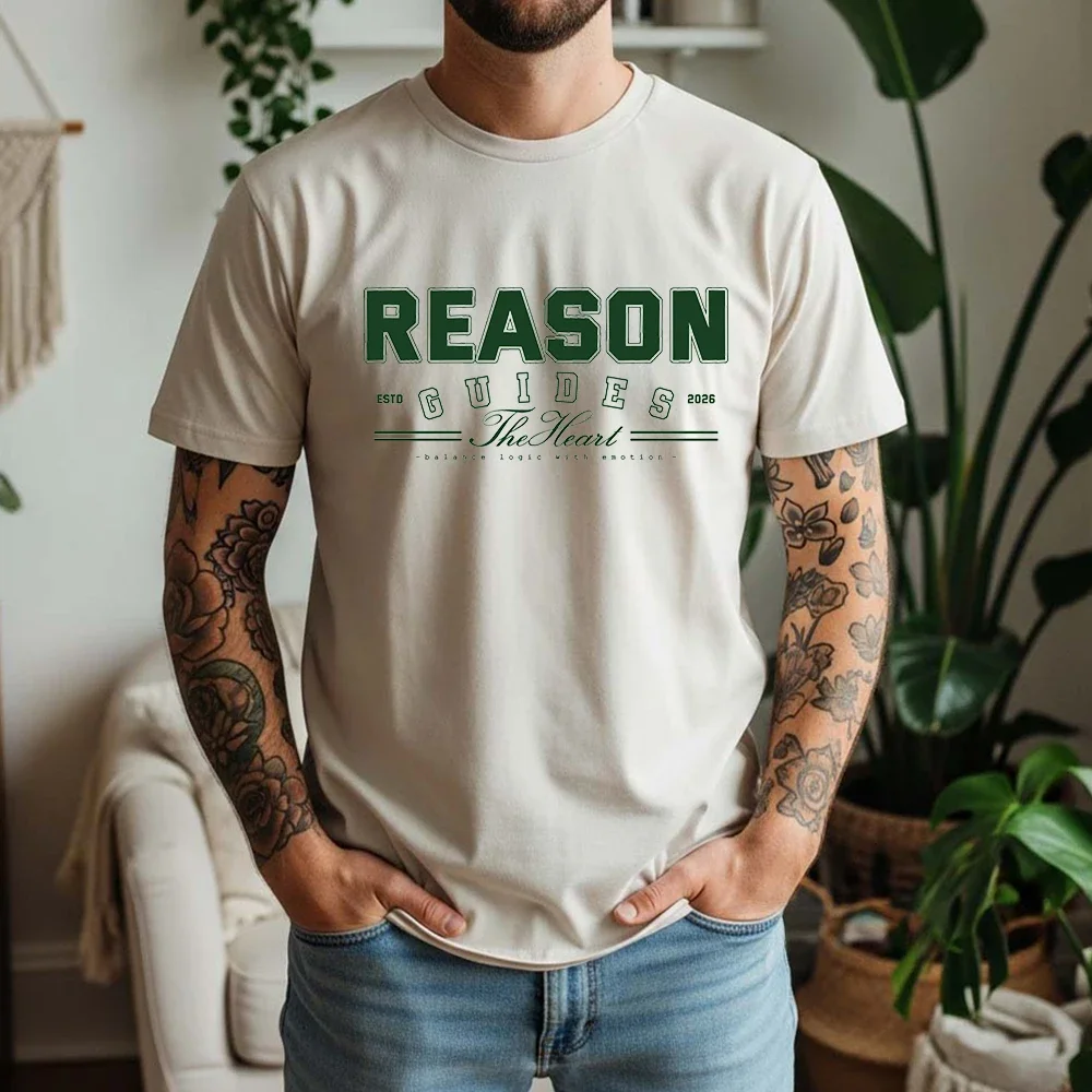 Mens 100% Cotton Short Sleeve T Shirt Reason Guides The Heart Retro Bold College Font Inspirational Graphic Print Daily Tees