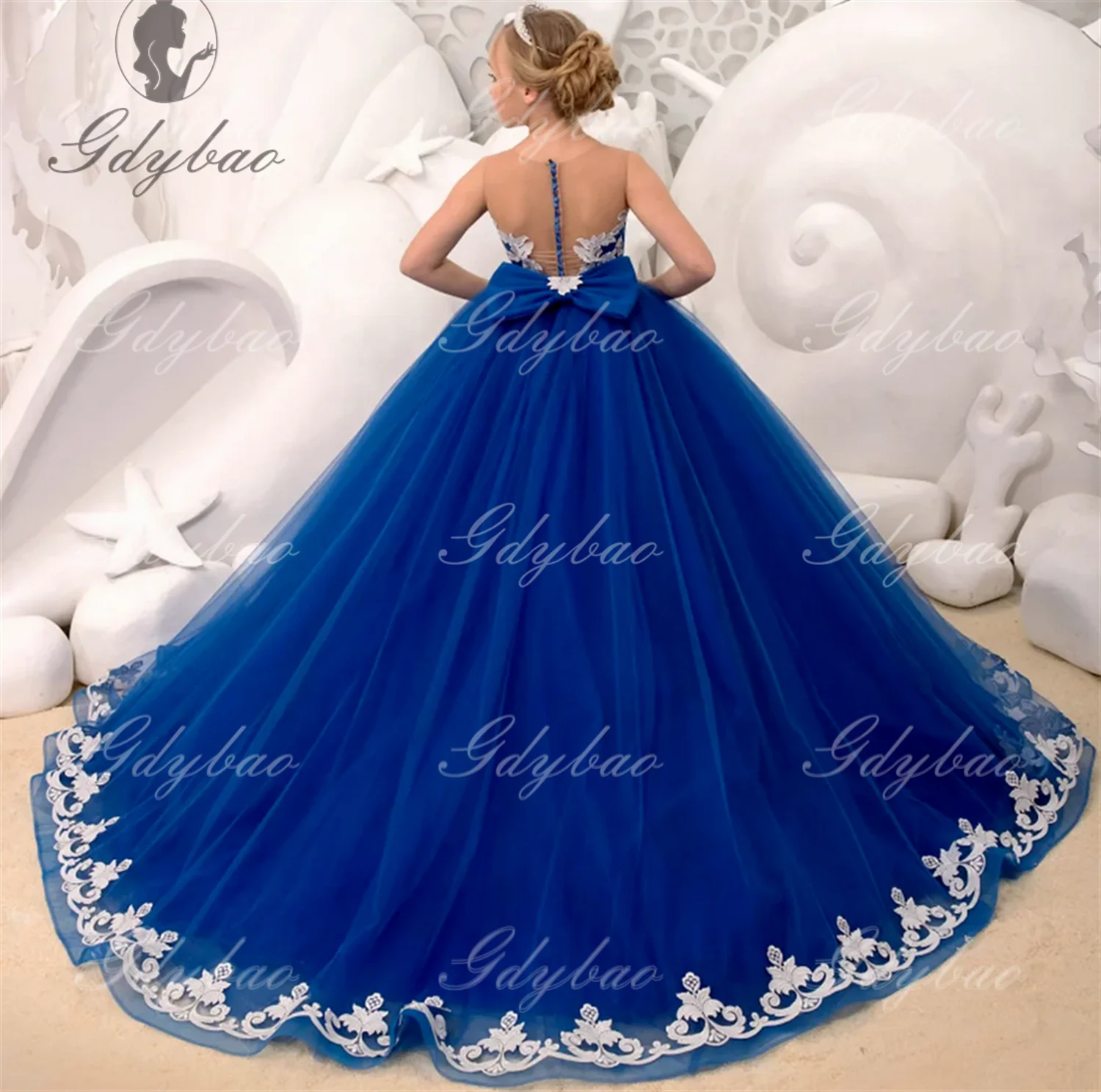 Vestidos florais de casamento para meninas, apliques brancos de tule com laço sem mangas para festa de aniversário de casamento, banquete, vestidos de princesa