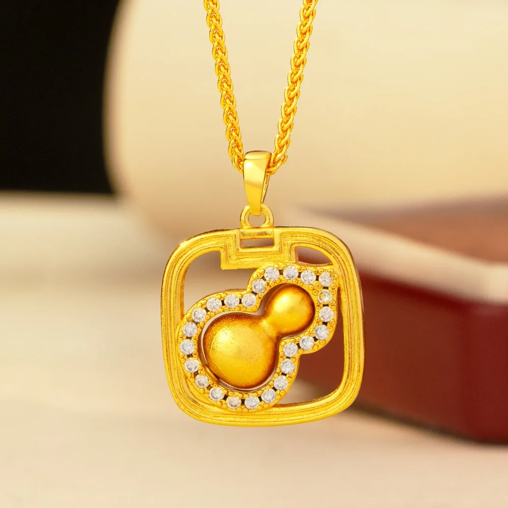 Point diamond square brand gourd pendant retro palace style   necklace 9999gold