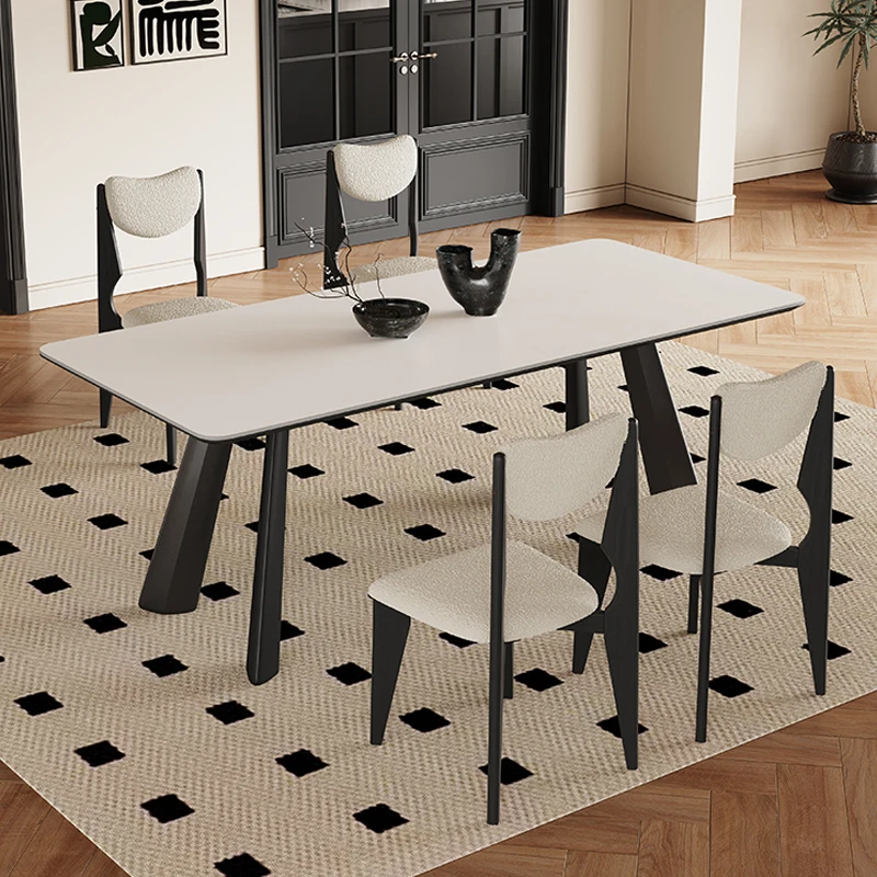 

&c Matte White Rectangular Rock Plate Dining Table French Retro Modern Simple Design for Living Room or Hotel