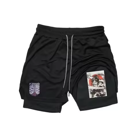 Men's Double-deck Shorts Gothic Print Shorts Summer Quick Drying Sports Fitness 2-in-1 Joggers Beach Short Athletic Activewear
