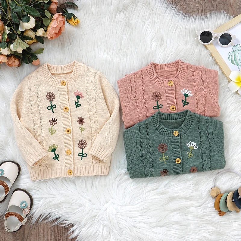 Autumn Winter Newborn Baby Girls Sweaters Clothes Flower Embroidered Infant Full Sleeve Knitted Cardigans Jackets Children Coats