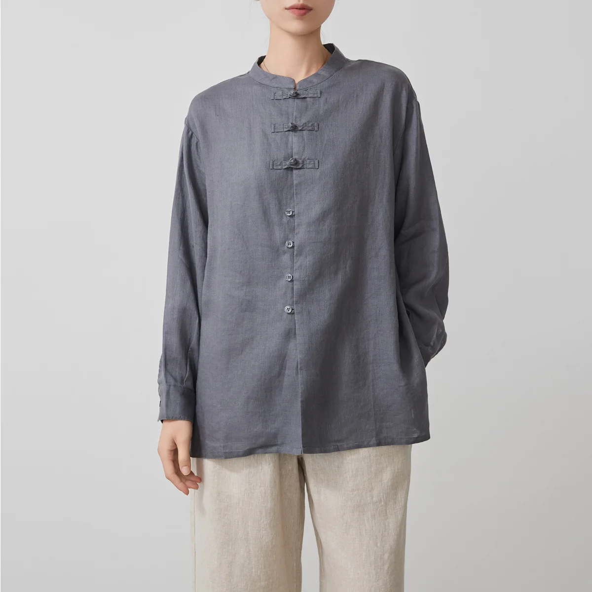 

Dave&di Mother Hen Linen Button Up Shirt, New Chinese Style Minimalist Artistic Shirt, Long Sleeved Top Blouses Women's Clothes