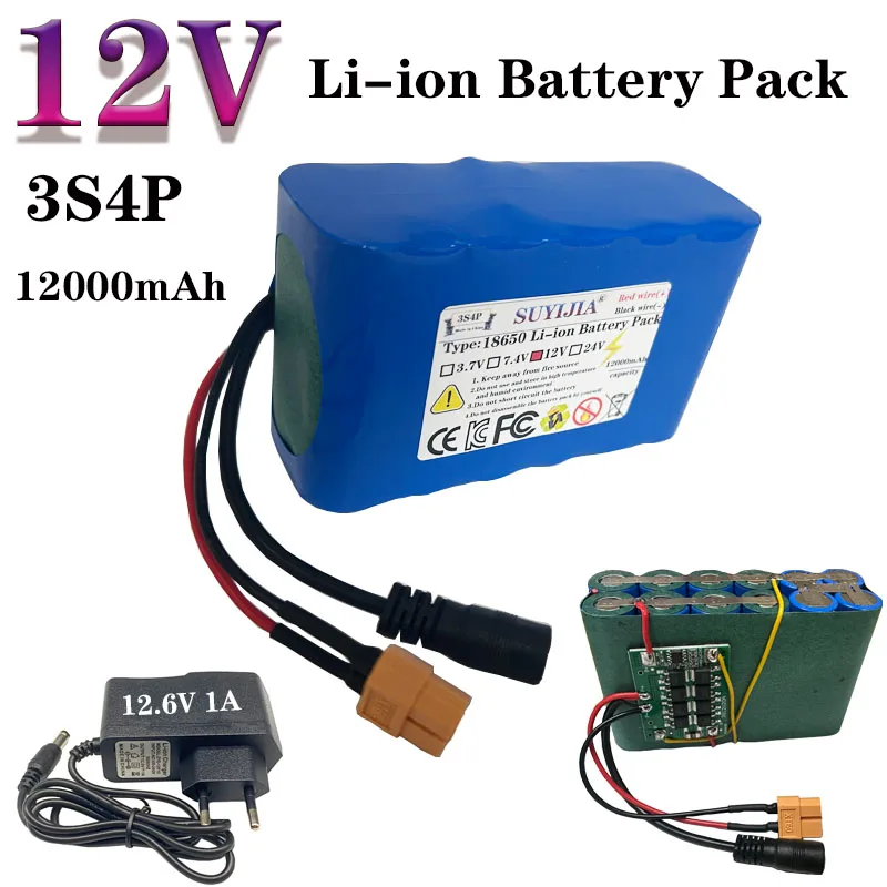 18650 Battery  12V 12000mAh 3S4P Lithium-Ion Battery with BMS for Bait Boat Rescue Power Pull Net Boat Speaker