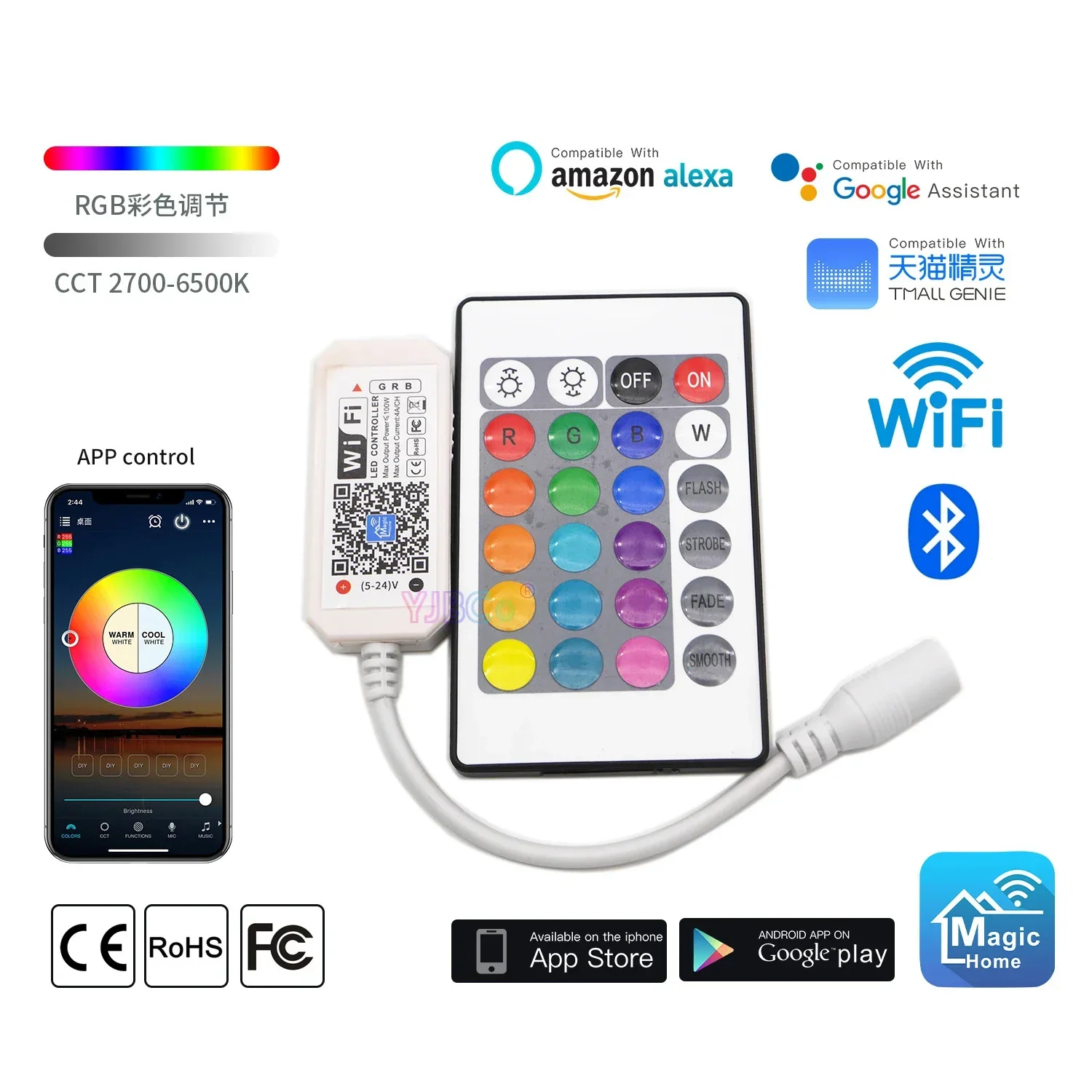 Magic Home Bluetooth 24 tasti Wireless WiFi Remote,RGB/RGBW/RGBWC LED Controller 5V 12V 24V per SMD 5050 RGB Led Strip