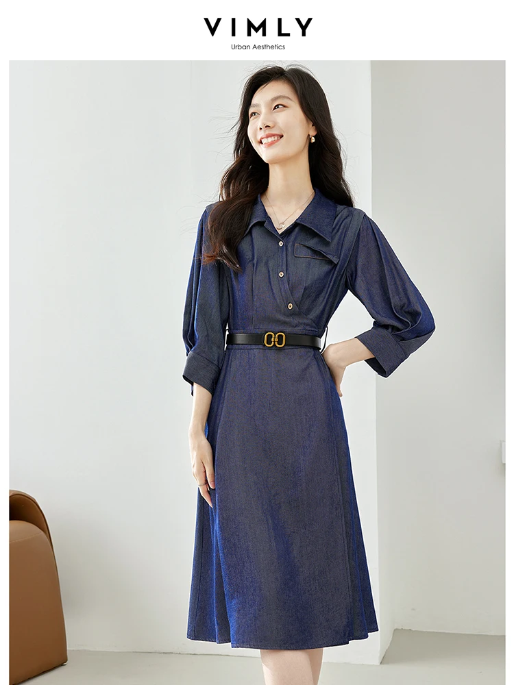 VIMLY Denim Shirt Dress for Women 2023 Autumn Fashion New Lantern Sleeve A-line Elegant Dresses with Leather Belt Clothing 72117