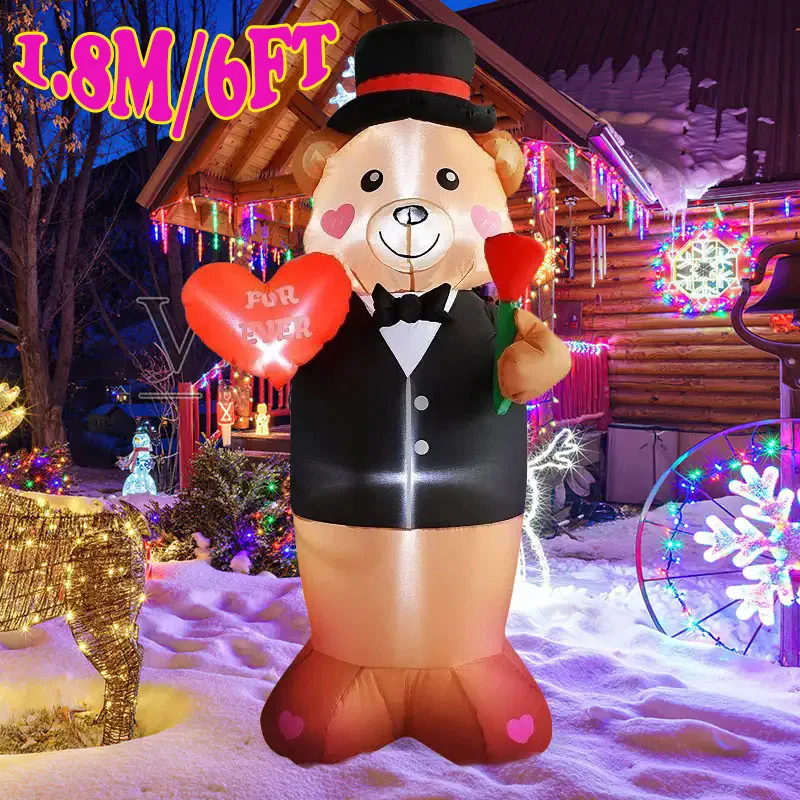 1.8M/6FT Teddy Bear Sir Inflatable Toys Valentine's Day Decor with LED Lights Blow Up Outdoor Garden Romantic Wedding Decoration