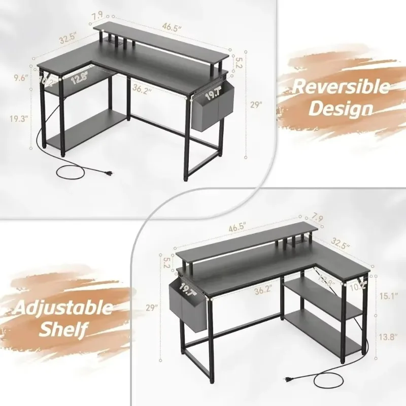 Factory Direct Compatible WithL Shaped Desk with Power Outlets & LED Lights, Computer Desk with Long Monitor Stand, 47 Inch Offi