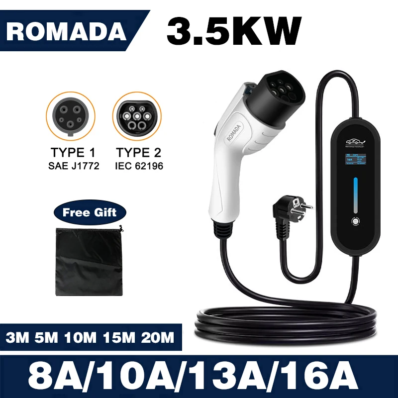 ROMADA 3.5KW 16A EV Portable Charger 3M 5M 10M 15M 20M Cable Type2 IEC62196 EVSE Wallbox Adapter EU Plug For Electric Vehicle