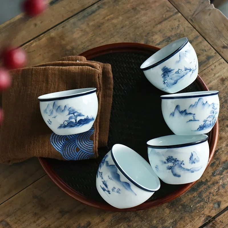 Blue and White Porcelain Teacup Lotus Colored Painting Hand Painted Landscape Tea Accessories Drink Tea Tea Drinking Set