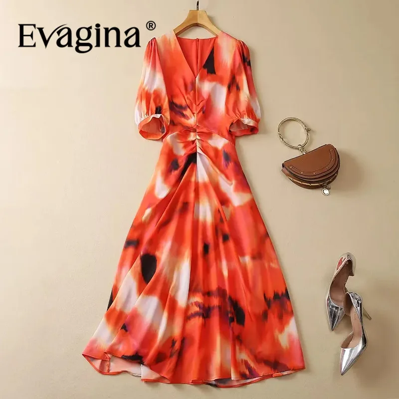 

Evagina Fashion Runway Designer Women's New V-Neck Puff Short Sleeved Gradient Printed Pleated Comfortable Vintage MIDI Dress