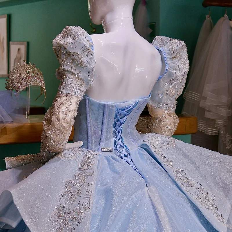 Sky Blue Shiny Quinceanera Dresses Ball Gown Off The Shoulder Sequin Applique Lace Beading Crystal Tull Party Birthday Sweet 16