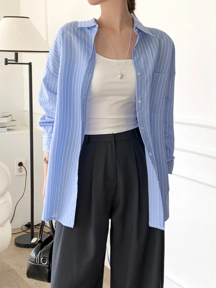 Chic Casual Striped irt Coat Loose Long Sve Women's Faion Ba Split Belted Design Autumn New Sle Commute Pure E-com...