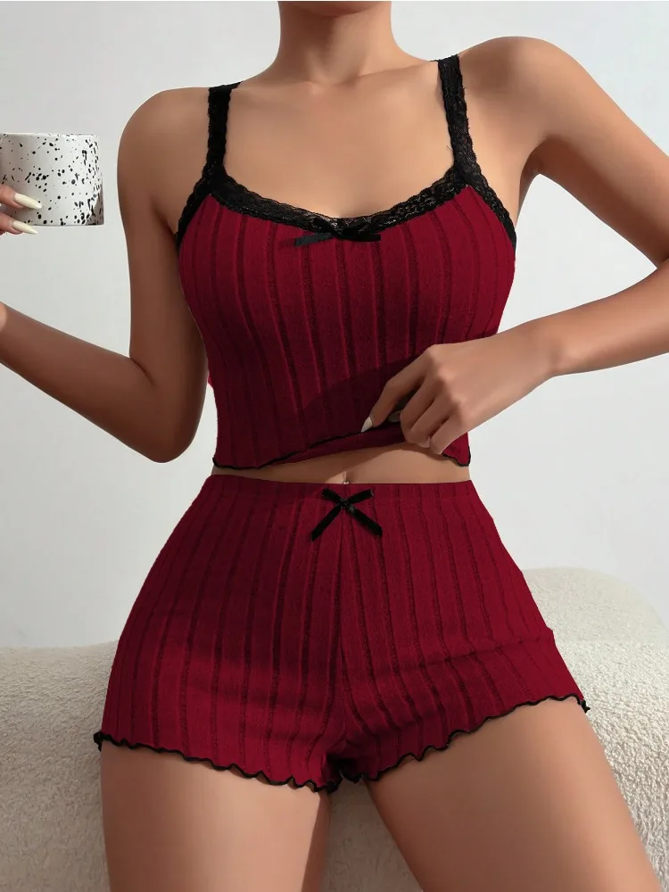 Women's Short Pajama Set Lace Camisole Shorts Cotton Strips Sleepwear Solid Bow Pyjama Nightwear Casual Loungewear 2Piece Suit