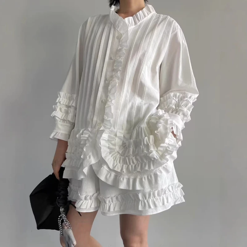 

2026 Summer New Niche Design Wooden Ear Long Sleeved Shirt and High Waist Wide Leg Shorts Two-piece Set