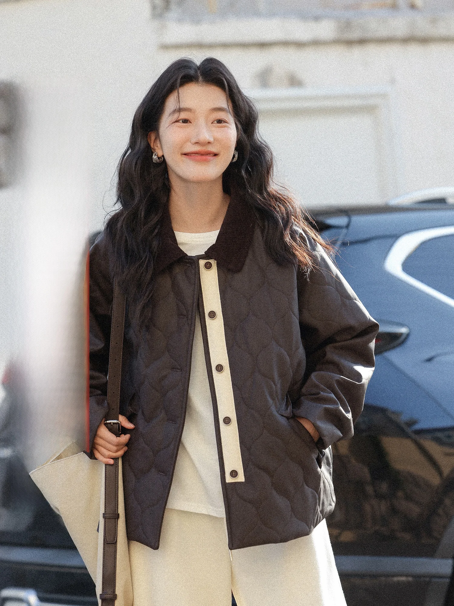 

Thiened ort Cotton Jaet with Collar And Diamond Pattern for Women Street Sle Winter Coat Warm And Sli