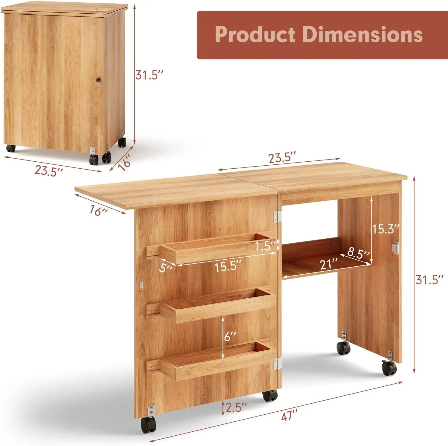 Folding Sewing Craft Table, Sewing Cabinet with 3 Storage Bins and Shelf, Rolling Craft Station Sewing Machine Work Desk