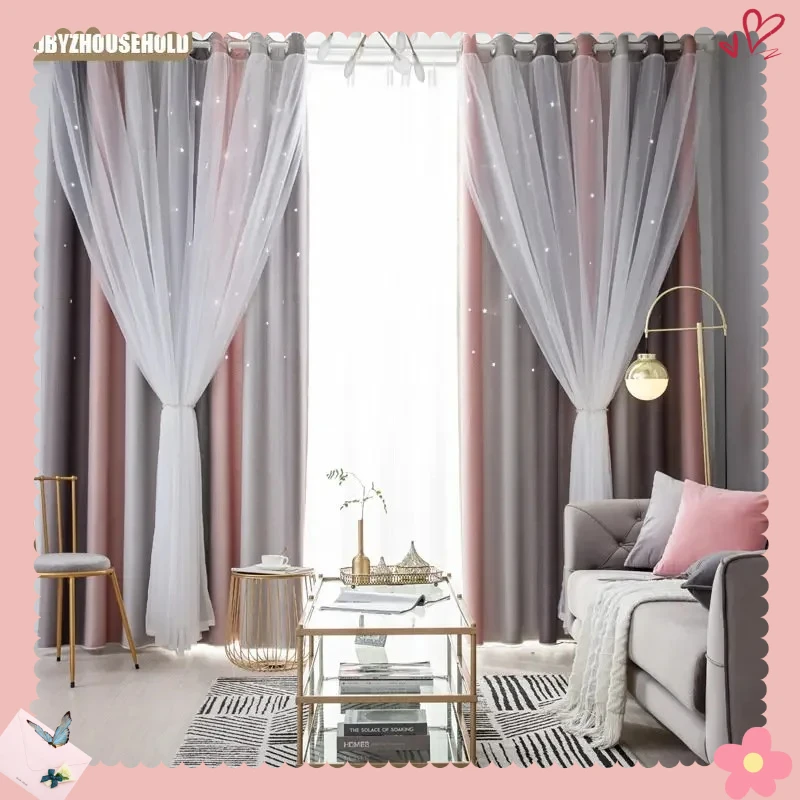 

New Curtains for Living Dining Room Bedroom Girl Children's Room Star Gradient Hollow Out Blackout and Double Layer Tulle Lace