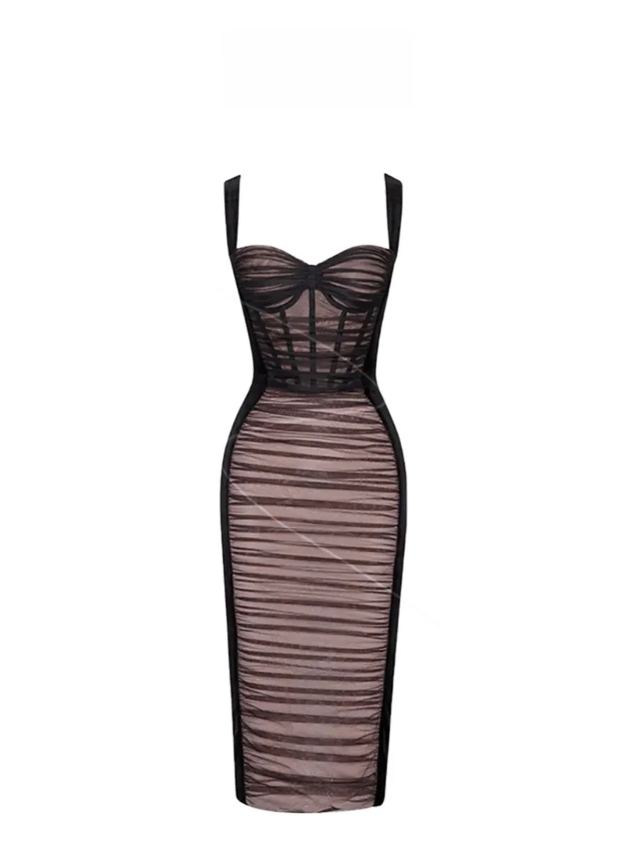 

plus Size Sexy Spicy Girl Mesh Ruffle Strap Dress Women Summer Plump Pure Desire Wrap around Long Skirt High Waist A-Line Dress