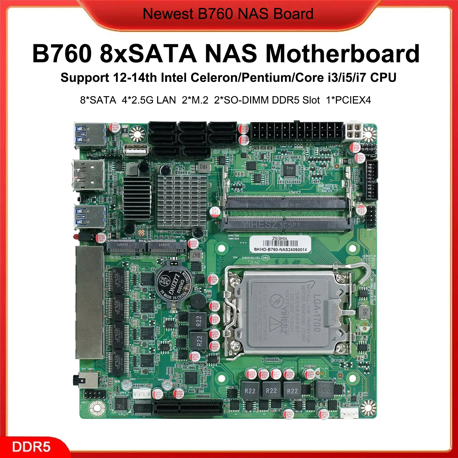 B760 8 Sata Nas Motherboard Lga1700 Mini Itx Board 4*2.5g Lan 2xm.2 1xpicex4 8-bays Nas Board Support 12-14th Core Cpu