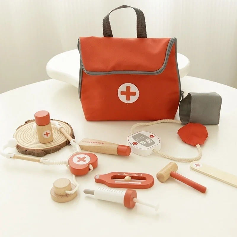 Juego de simulación de madera, kit de médico rojo, juguetes educativos para niños, juego de medicina de simulación médica, juego de rol para niños