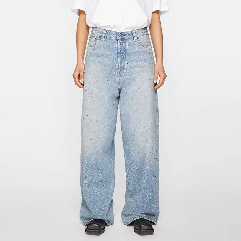 MWJLPWQ American Hip Hop Rhinestone Jeans Men's Trend Vintage Printed Design Streetwear Loose Straight Wide Leg Pants Tide 20254