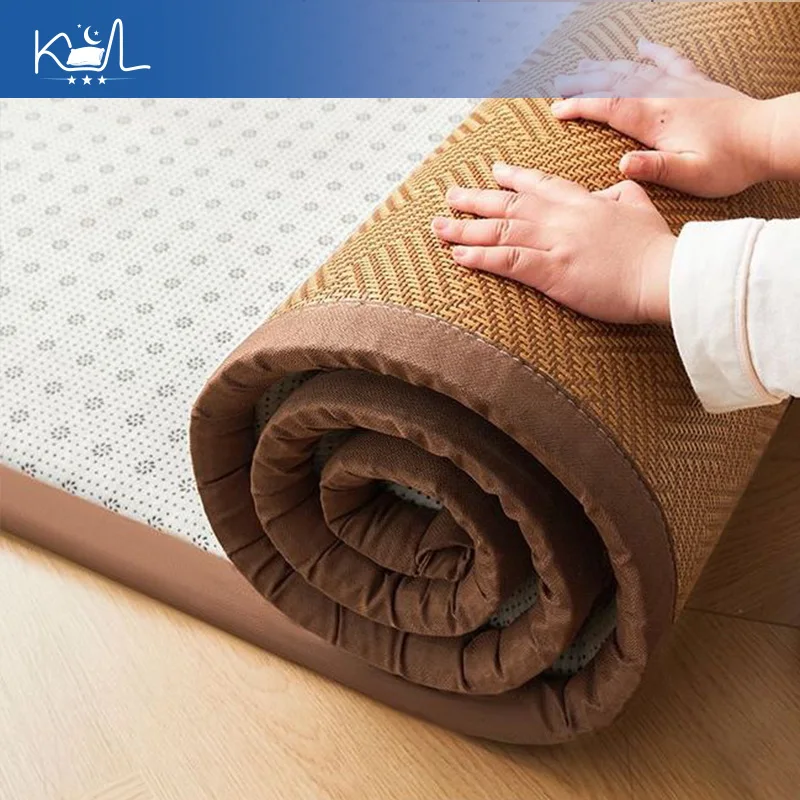 Thick Reversible Cooling Rattan Tatami Mat, Ice Silk Soft Floor Bed Pad for Home Dorm Sleep, Non-Slip Summer Breathable Mattress