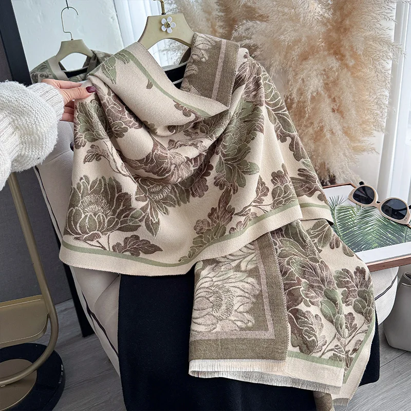 Scarf Women Winter Autumn Chinese Style Peony Floral Shawl Wrap Throw Blanket Jacquard Knit Long Scarves For Lady Warm Cape
