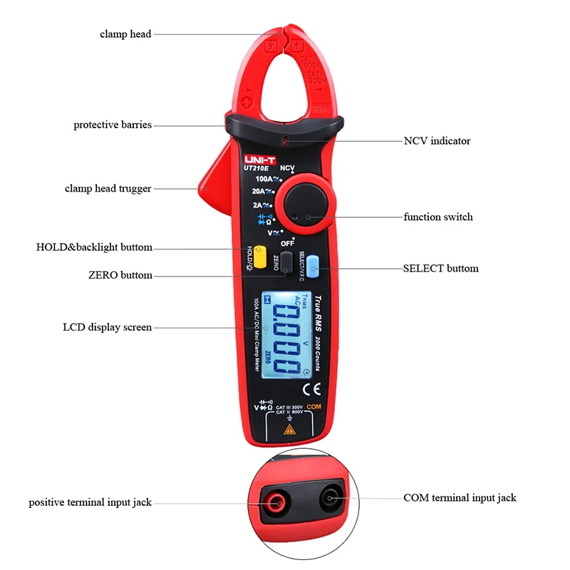 UNI-T UT210E Digital Clamp Meters True RMS Mini AC/DC Current Voltage Auto Range VFC Capacitance Non Contact Multimeter Tester