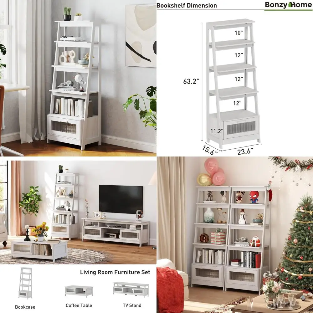 Libreria alta moderna a 4 livelli in legno massello con portaoggetti, 63 ante alte, libreria da soggiorno