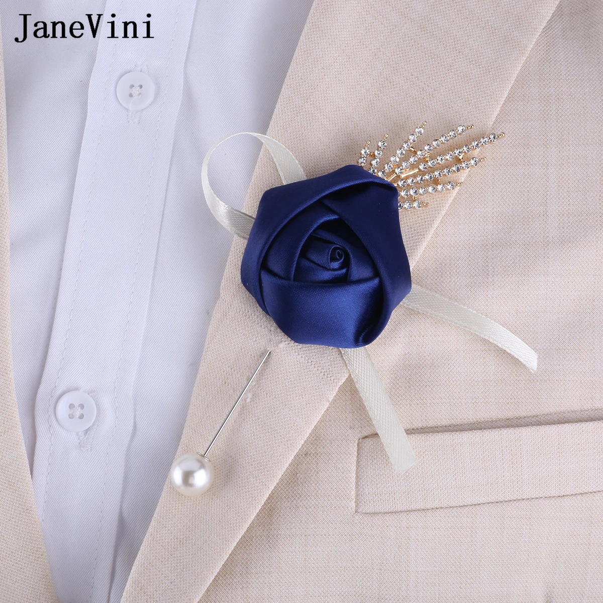 JaneVini 2023 Rhinestone Navy Blue Groom Boutonniere Mariage Homme Lapel Pins Wedding Corsage Suit Buttonhole Men Women Brooches