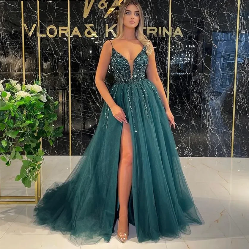 

Sexy Beading Crystal Long Evening Dresses 2023 V Neck Plunging Sheer Spaghetti Straps Side Slit Formal Prom Party Gown for Women