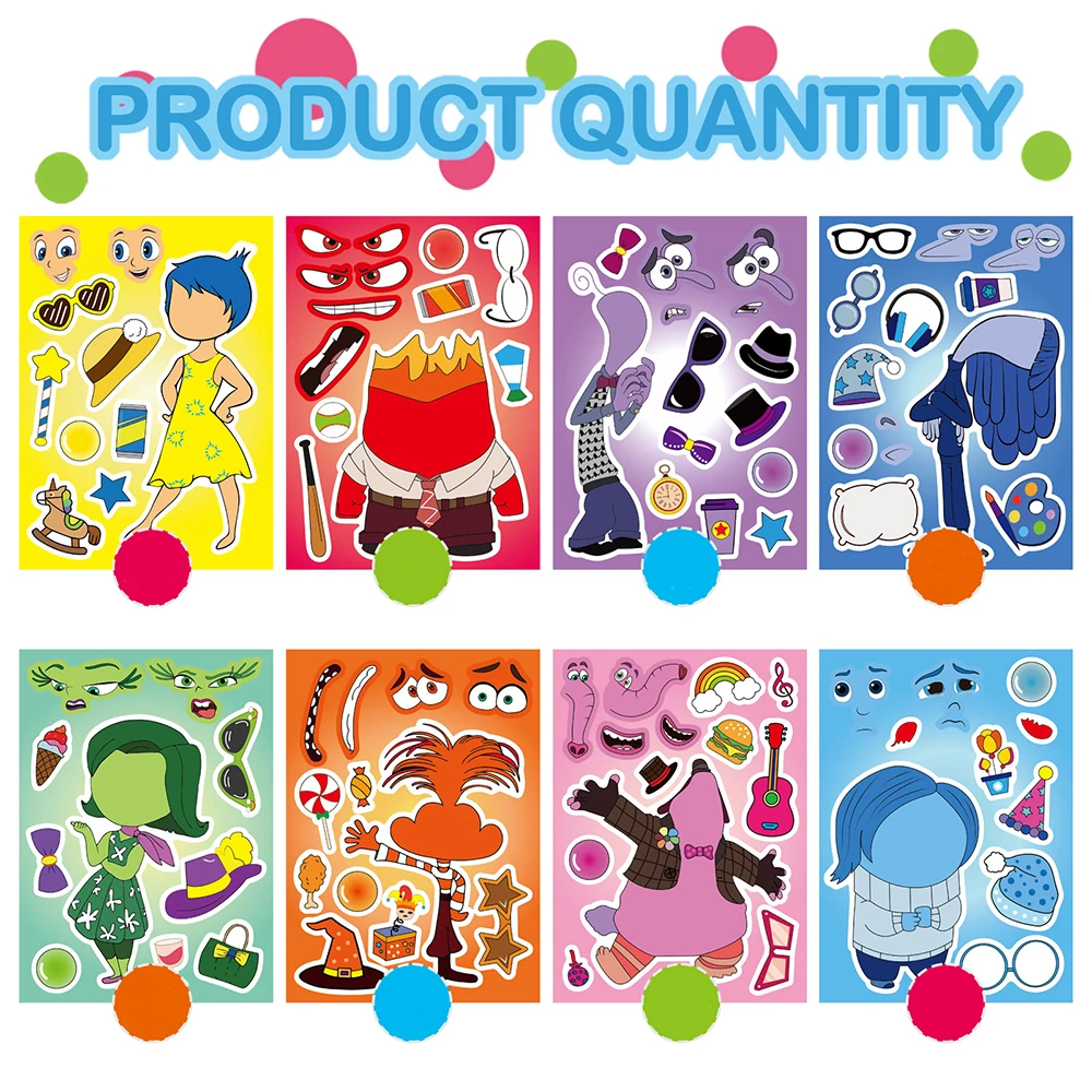 6/12 Vellen Disney Schattige Binnenstebuiten 2 Puzzelstickers Spel Doe-Het-Zelf Grappig Maak Een Gezicht Assembleren Legpuzzel Sticker Kids