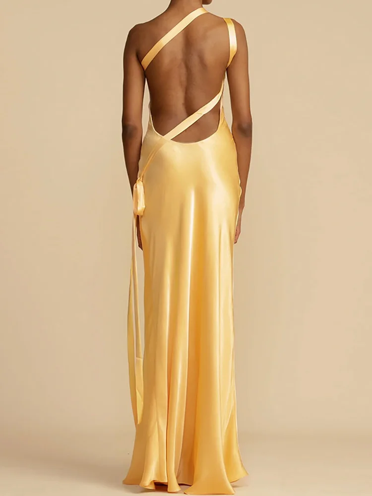 2024 Summer Women Solid Patchwork Maxi Dress, Loungewear Sleeveless Skew Collar Party Dress, New Backless Fashion Ladies Dress