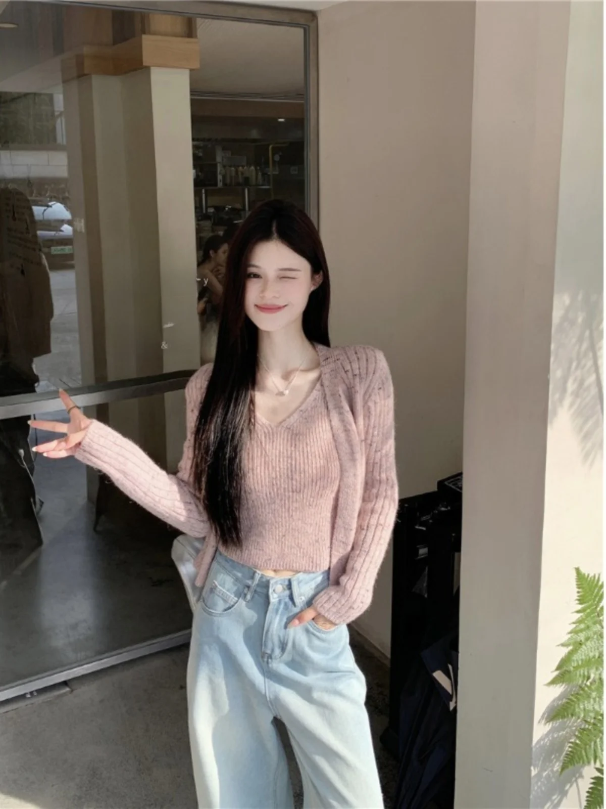 Korean Sle ort Knitted Open Cardigan Vest Women's Two-Piece Set Slim Fit V-Ne Sweater Coat Sweet Sle Spring Autumn