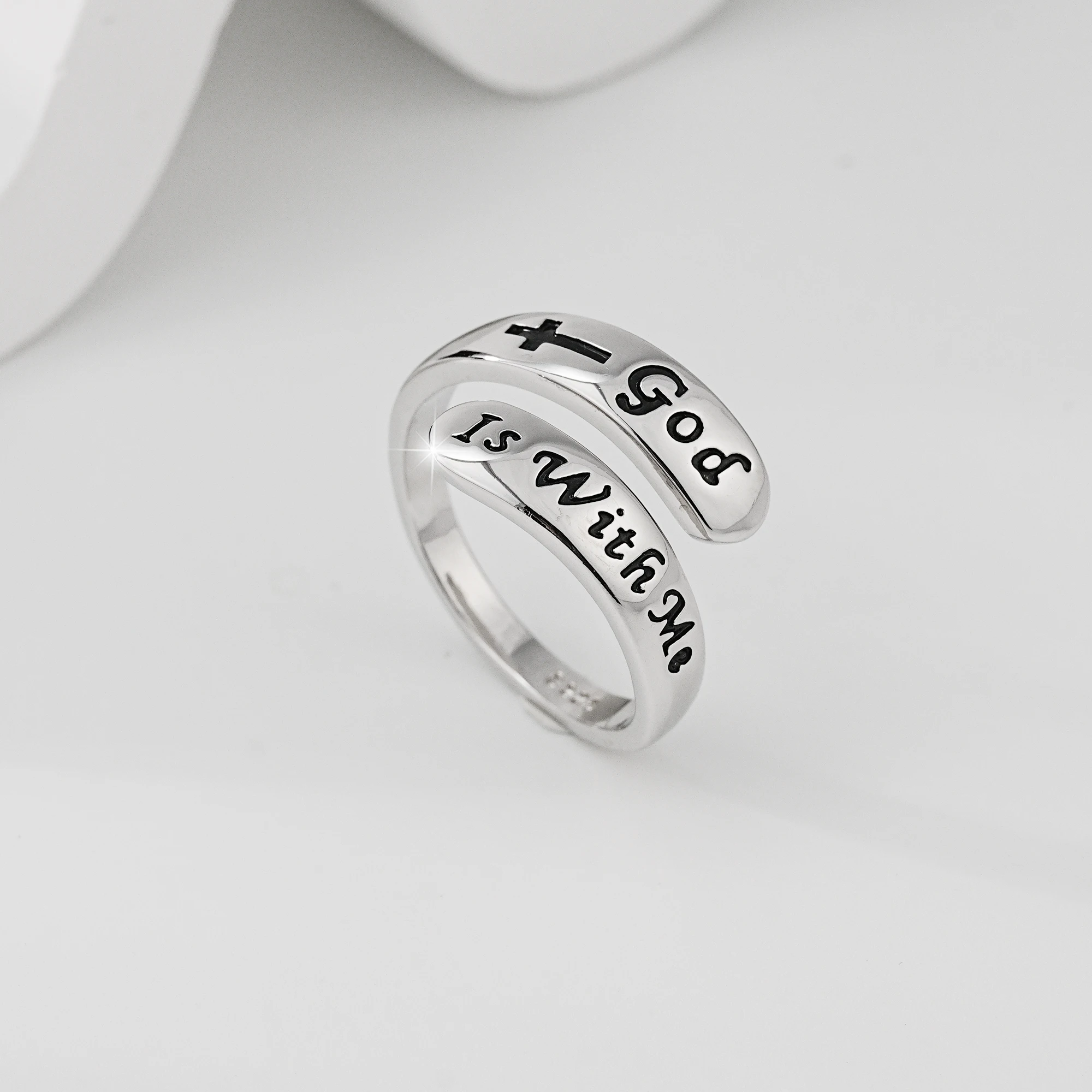 S925 Sterling Silver Adjustable Open Ring Engraved God Is With Me Cross Inspirational Christian Jewelry