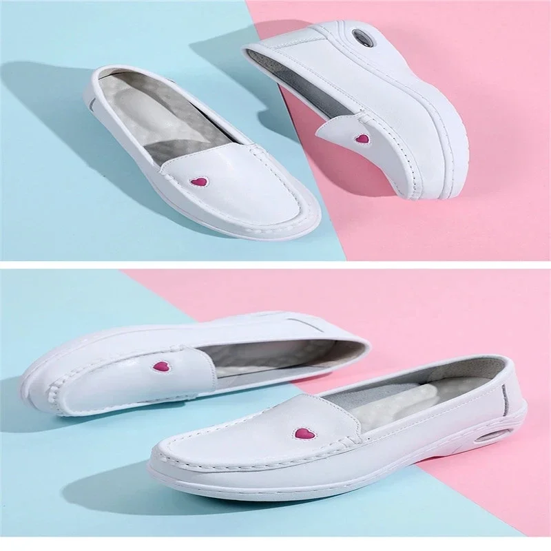 New Women Flat Leather Shoes Casual White Wedge with Soft Bottom Slip on Love Heart Comfortable Mom Nurse Work Shoes