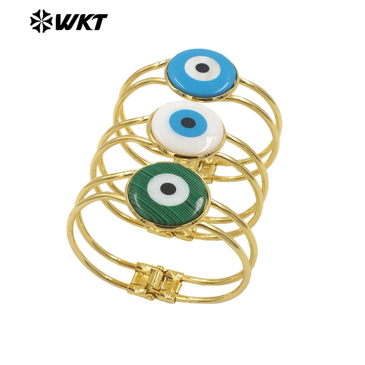 WT-MPB093 Amazing 18k real gold bezel shell Turkey Eye Bangle Religious round eye shell cuff bangle for women in 10pcs