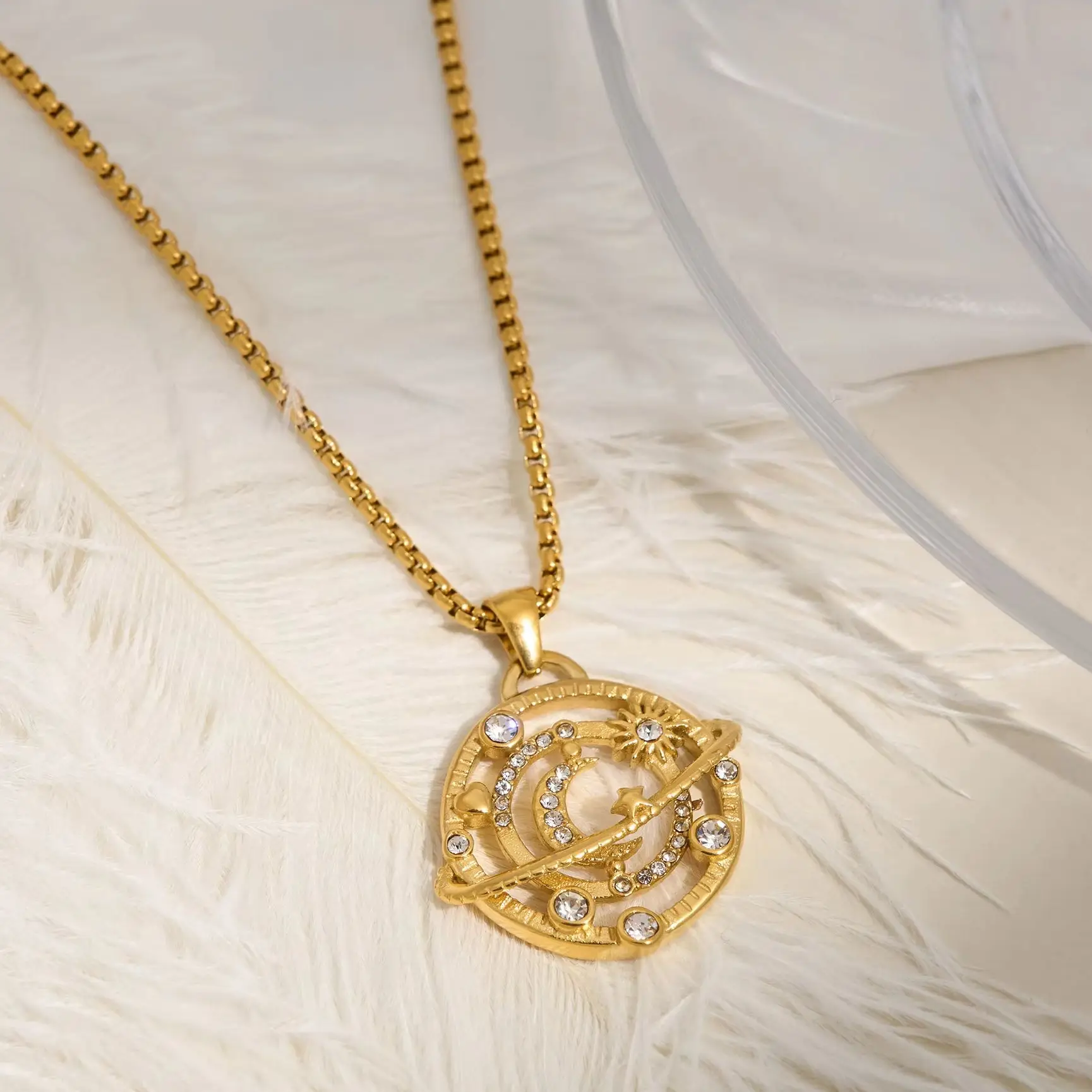 DASEIN Vintage Cosmic Planetary Galaxy Pendant Zircon Necklace 18k Gold Plated Tarnish Free Stainless Steel Lucky Jewelry Gift