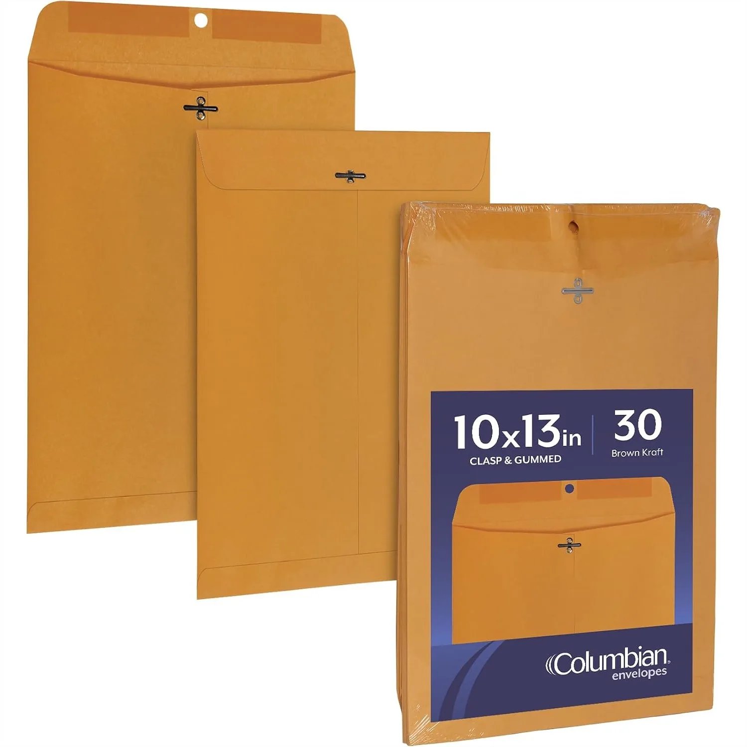 10x13 Clasp Envelopes, Gummed, 28 lb Brown Kraft for Mailing Flat Letters or Photos, 30 Pack