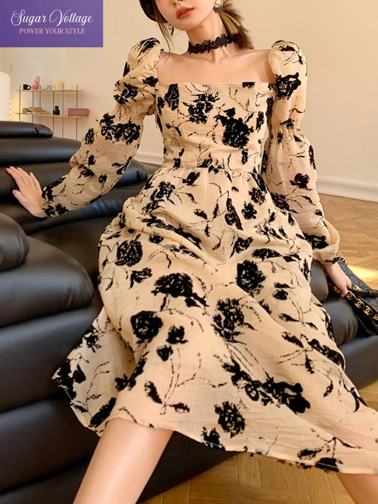 Vintage Elegant Velvet Dress Women French Style Square Neck Print Design Puff Sleeve Long Retro Chic Princess Aesthetic Outfit