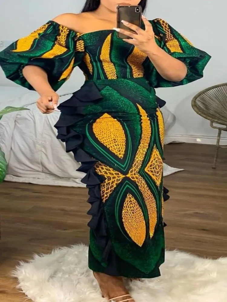 Robes Africaines Pour Femmes Polyester Robe Mince 2022 Automne Sexy Découpé Volants Robes Femmes ixBureau Maxi Robe Éducative S-3XL