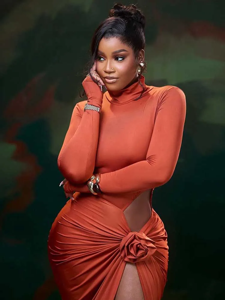 Vrouw lange mouw herfst kleding jurk mid-coltrui effen kleur elegante chique bodycon jurk uitgesneden taille sexy strakke jurk deel